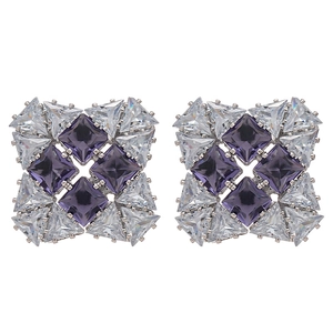 Elegant geometric square stud earrings featuring purple zircon crystals in silver setting