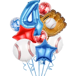 Detail of baseball themed 4th birthday party balloons set with glove and star shapes