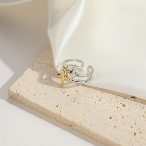 Minimalist two-tone double layer open ring featuring elegant gold and silver star motifs