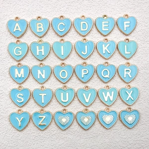 Blue enamel heart alphabet pendants with gold trim for DIY jewelry making 26 letters