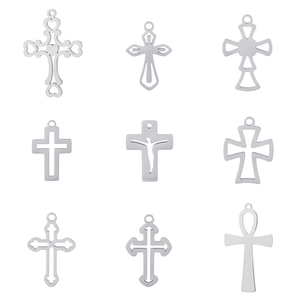 Set of nine silver hollow cross pendants in various minimalist stainless steel designs