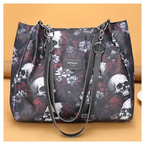 Fashionable Oxford cloth tote bag with skull and dark floral print and faux leather straps