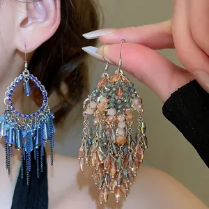 Bohemian Crystal Tassel Drop Earrings With Multilayer Fringe Vintage Ethnic Style Jewelry With Silver Earring Post