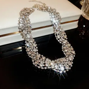 Luxury wide crystal choker necklace with silver twisted mesh design and sparkling diamonds