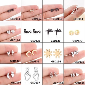 Minimalist cartoon animal stud earrings set in silver, black and gold stainless steel