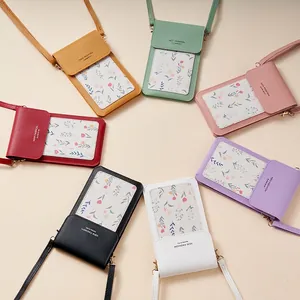 Multiple floral patterned touch screen phone bags in seven colors displayed in a circle