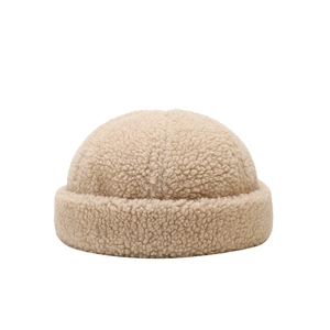 Minimalist cream sherpa fleece docker hat for women with warm thick wool-like texture