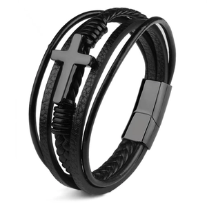 Bracelet multicouche en cuir tressé noir pour homme avec croix en métal mat et fermoir magnétique