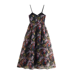 Floral organza camisole maxi dress in black with multi-color print and A-line silhouette