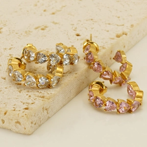 Chic U-shaped gold stainless steel earrings with sparkling pink and clear heart zircon stones