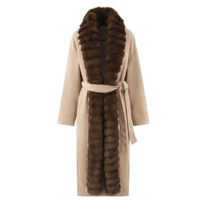 Long beige wool coat with dark brown faux fur collar and waist tie belt on white background