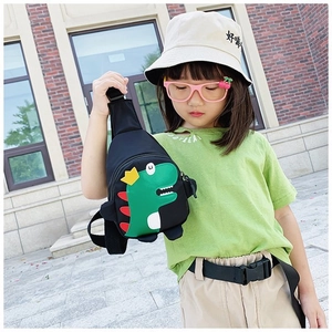 Cute black toddler dinosaur chest bag featuring green cartoon print and adjustable strap