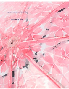 Close-up of waterproof transparent umbrella cap and delicate pink cherry blossom print