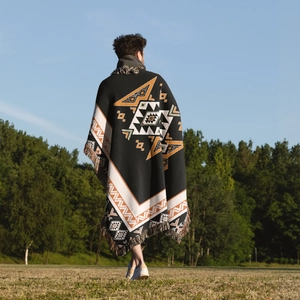 Close-up of bohemian picnic blanket showing woven geometric patterns and fringe details