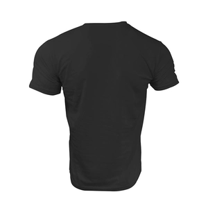 Rear view of minimalist black quick-dry crew neck sports t-shirt with premium texture