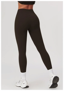Rear view of high-waisted deep brown yoga pants with butt-lifting and slimming effect