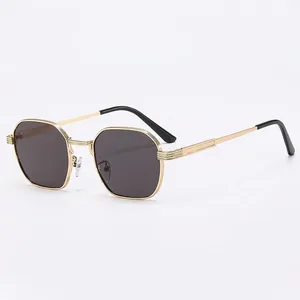 Fashionable hexagonal gold metal frame sunglasses with dark grey lenses for men and women