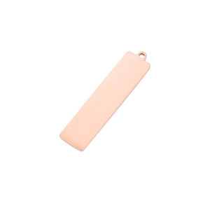 Detailed view of a polished rose gold rectangular stainless steel pendant with top ring