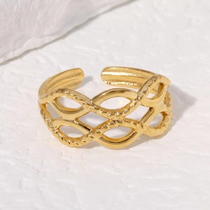Close-up of double-layer hollow woven texture open ring in warm golden finish