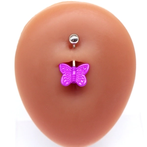 Detailed view of a purple butterfly belly ring on a silicone skin model