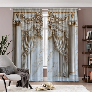 3D printed curtains with classic white marble columns and gold arches in a luxury living room