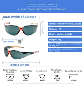 Detailed size chart of PC cycling sunglasses showing 140mm width and 118mm temple length