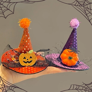 Halloween witch hat hair clips for girls in orange and purple sequins with lace
