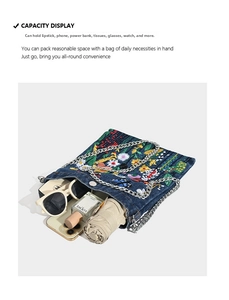 Detail view of denim flower embroidery shoulder bag showing inner capacity for daily essentials
