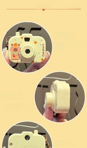 Three-sided view of a yellow Capybara camera keychain showing front, side, and back details
