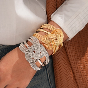 Heavy metal chain woven multilayer open bangle in gold and silver finish