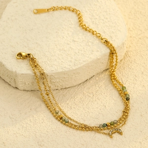 Three-layer gold stainless steel bracelet with moon zircon pendant and colored beads