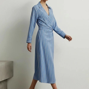 Women's V-neck striped wrap dress with long sleeves and pleated waist detail in navy blue