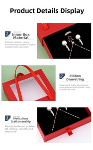 Red jewelry drawer box featuring a clear display window and a polyester ribbon handle