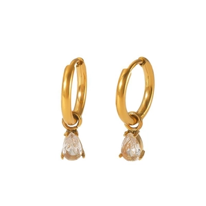 Detail of 18k gold plated stainless steel huggie earrings with pear-cut zircon pendants