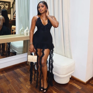 Halter Neck V Neck Ruched Knitted Dress With Mesh Ruffles Asymmetrical Hem Slim Fit Party Bodycon Mini Dress For Women