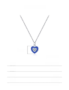 Macro detail of S925 silver heart necklace with blue enamel and zircon, sizing specifications