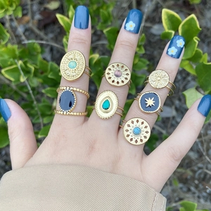 Retro Stainless Steel Adjustable Open Ring For Women Gold Plated Bohemian Vintage Finger Jewelry With Synthetic Stone