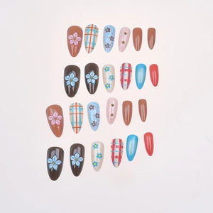 Christmas almond false nails with 3D floral carving and plaid pattern in multi-color