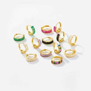 S925 sterling silver gold-plated hoop earrings with colorful rectangular zircon stones