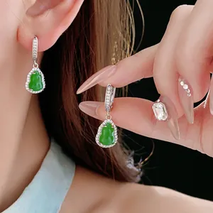 Gourd Lever Back Earrings Green Zircon Copper With Silver Earring Post Vintage Chinese Style For Women