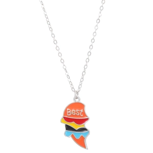 Close-up of rainbow enamel BEST FRIENDS heart pendant with colorful stripe detail