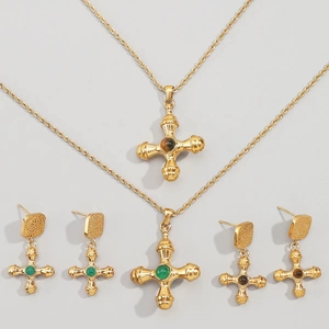 Vintage Cross Pendant Necklace Earring Stainless Steel With Tiger Eye Green Stone Byzantine Retro Jewelry For Women