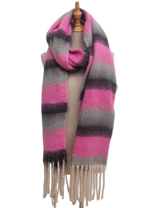 Close-up of soft thick striped scarf in pink, grey and black with fringe detail