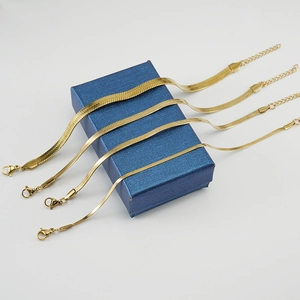 Polished 18K gold plated stainless steel flat snake chain bracelets in four widths