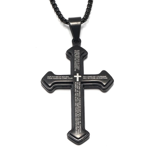 Men's punk black stainless steel cross pendant necklace with engraved Lord's Prayer text