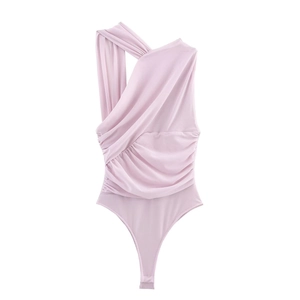 Detailed close-up of pink one-shoulder bodysuit with elegant asymmetrical pleated mesh fabric