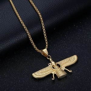 Gold Faravahar pendant necklace with woven chain in hip hop Persian style