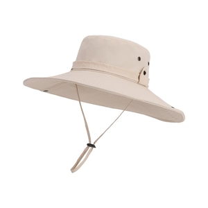 Outdoor beige wide brim sun hat for men with adjustable drawstring and waterproof fabric