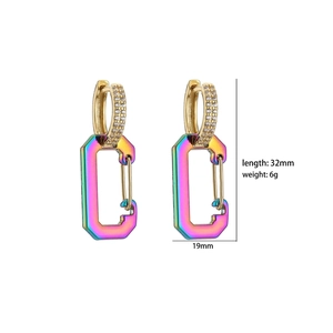 Rainbow plated safety pin earrings with pavé cubic zirconia, 32mm length and 6g weight