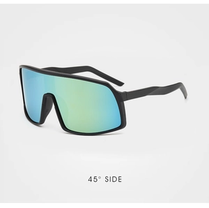 45-degree side view of matte black cycling sunglasses with gradient green-blue mirror lens